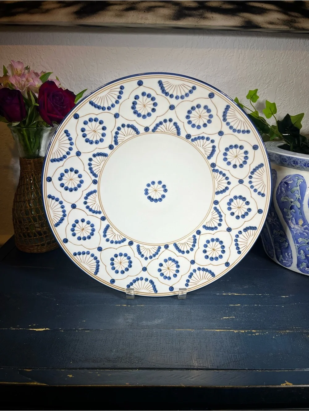 Porcelain Charger Blue Dots, Gold Mosaic Vintage Modern by Thomas O’Brien
